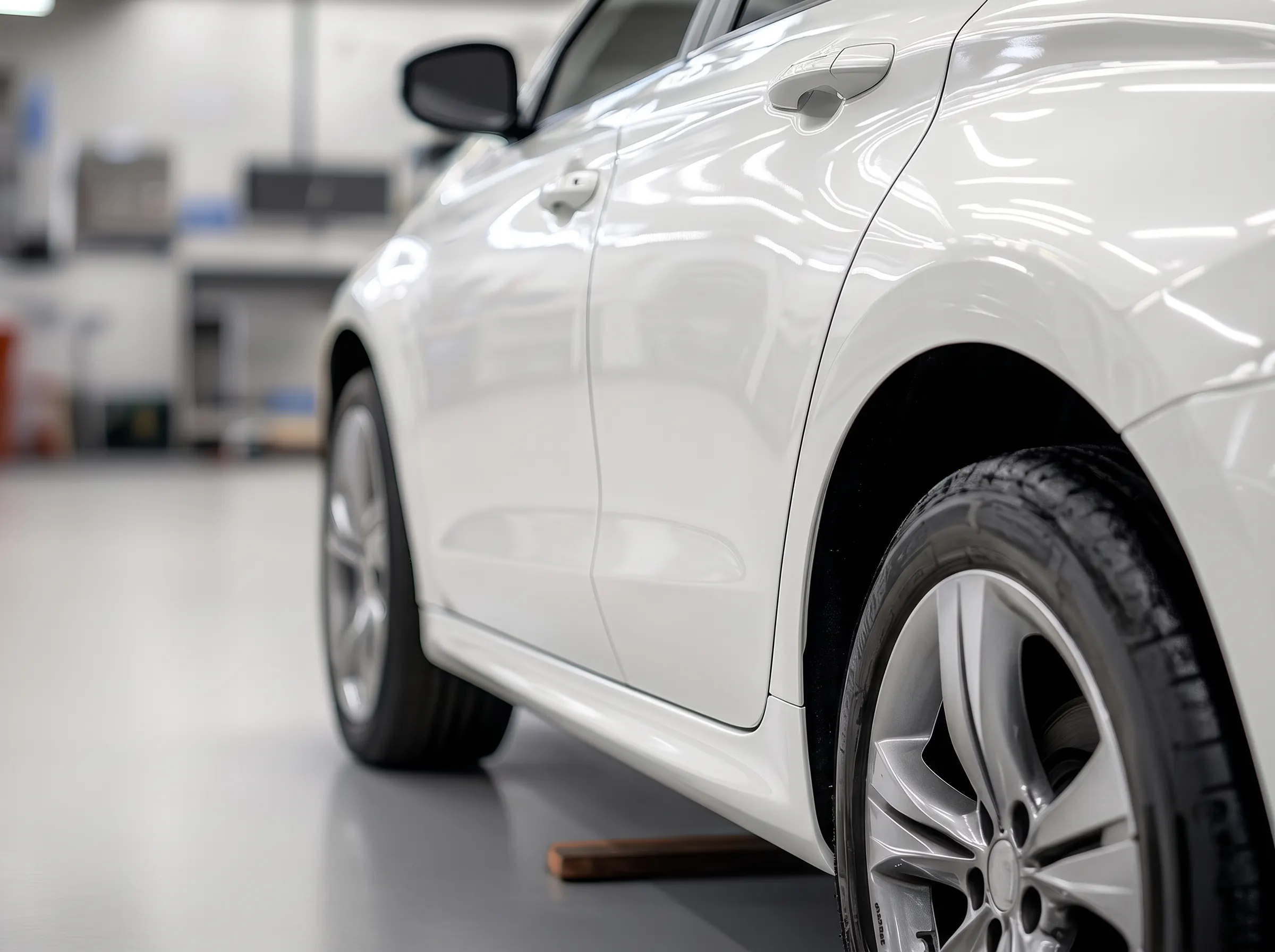 Białe auto z wyrównanym i polakierowanym nadwoziem po naprawie