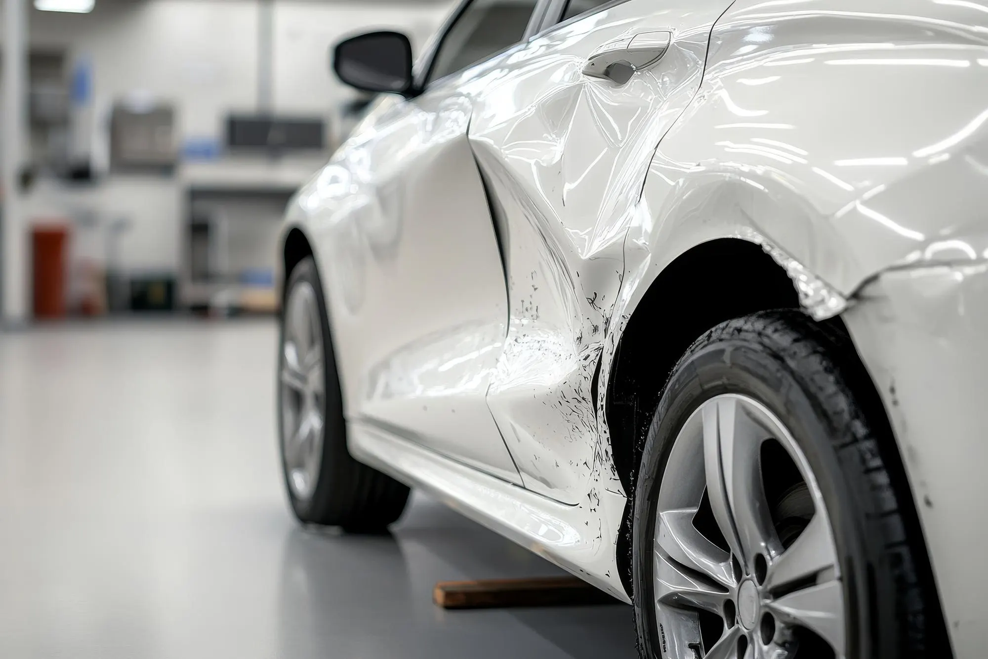 Białe auto z wgniecionymi drzwiami i błotnikiem przed naprawą